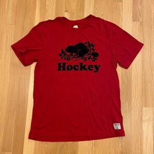 Roots Athletic Womens Red Tee Shirt w Black Flocked Roots Logo w Hockey / Size M